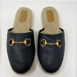Gucci Fria Shearling-lined black Leather Slippers flats mule size 39.5 EU 9.5 US